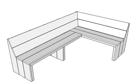 Tekening steigerhout hoekbank met open onderkant zitdiepte 39,5cm