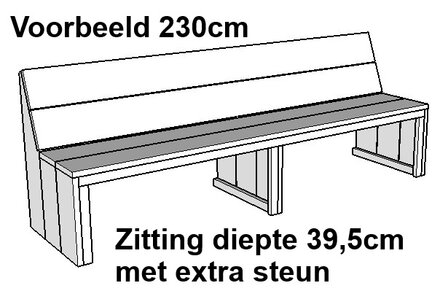 Steigerhout bank 230cm met extra steun zitting diepte 39,5cm