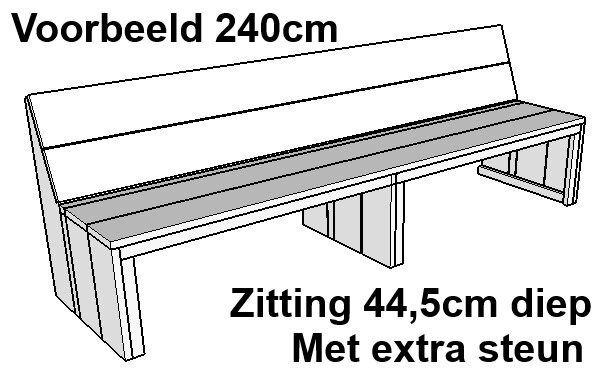 Steigerhout bank 240cm zitting 44,5cm diep met extra steun onder de zitting