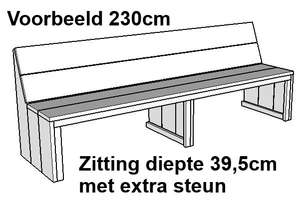 Steigerhout bank 230cm met extra steun zitting diepte 39,5cm