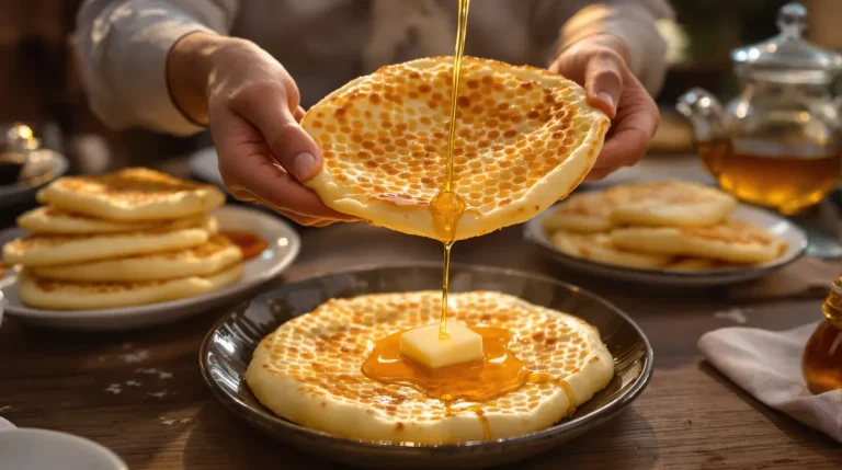 Deze „duizendgatenpannenkoek” is volgens chef Mounir Toub het perfecte einde van de ramadan Deze „duizendgatenpannenkoek” is volgens chef Mounir Toub het perfecte einde van de ramadan